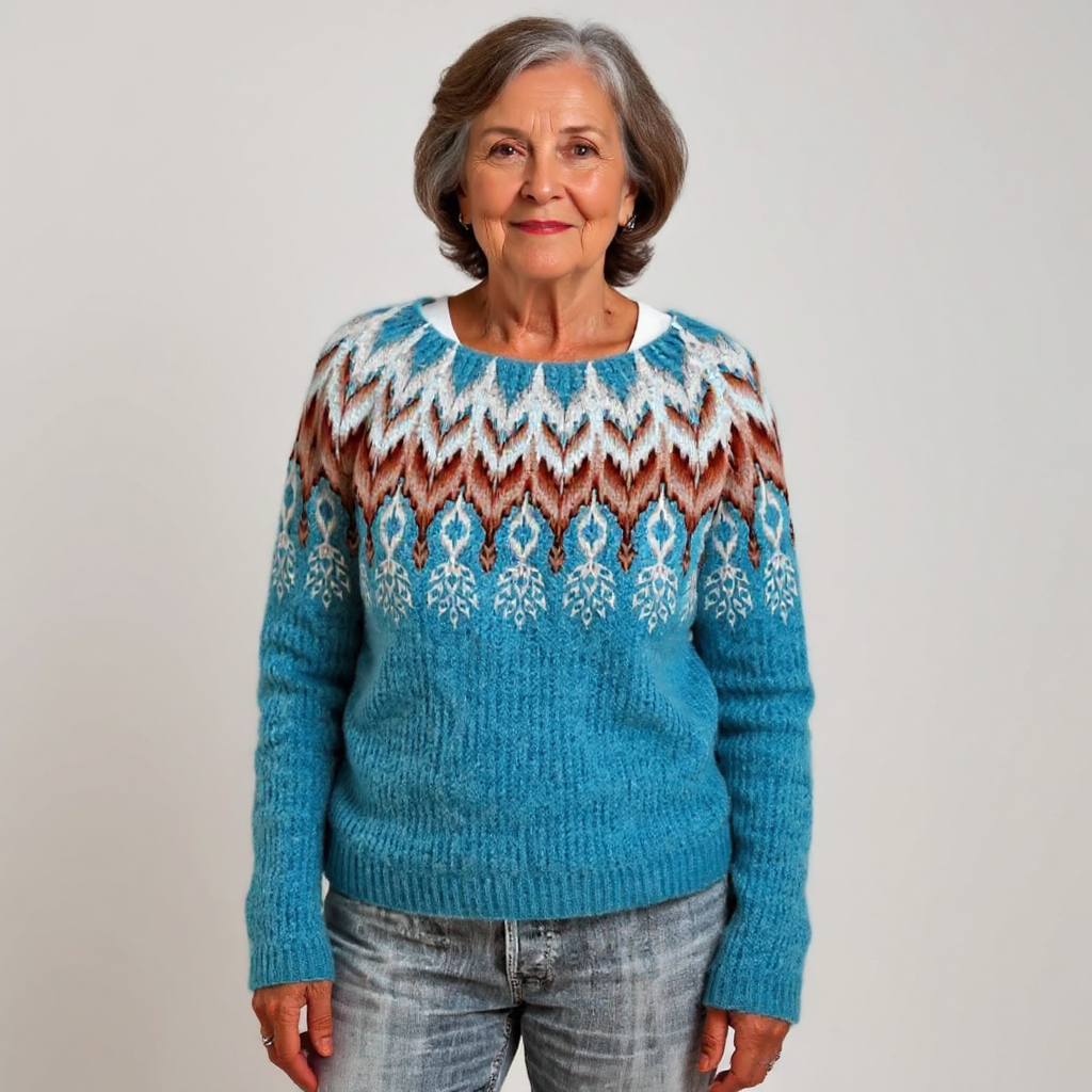 Fabienne - Pull vintage bleu canard à empiècement rouille et crème