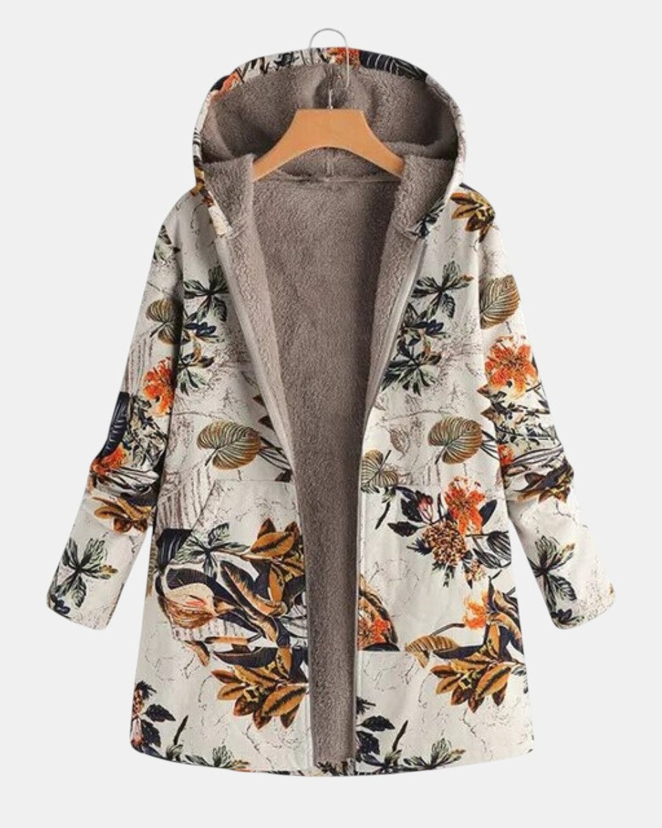 Elena – Boho-Sherpa-Kapuzenmantel mit Blumenmuster