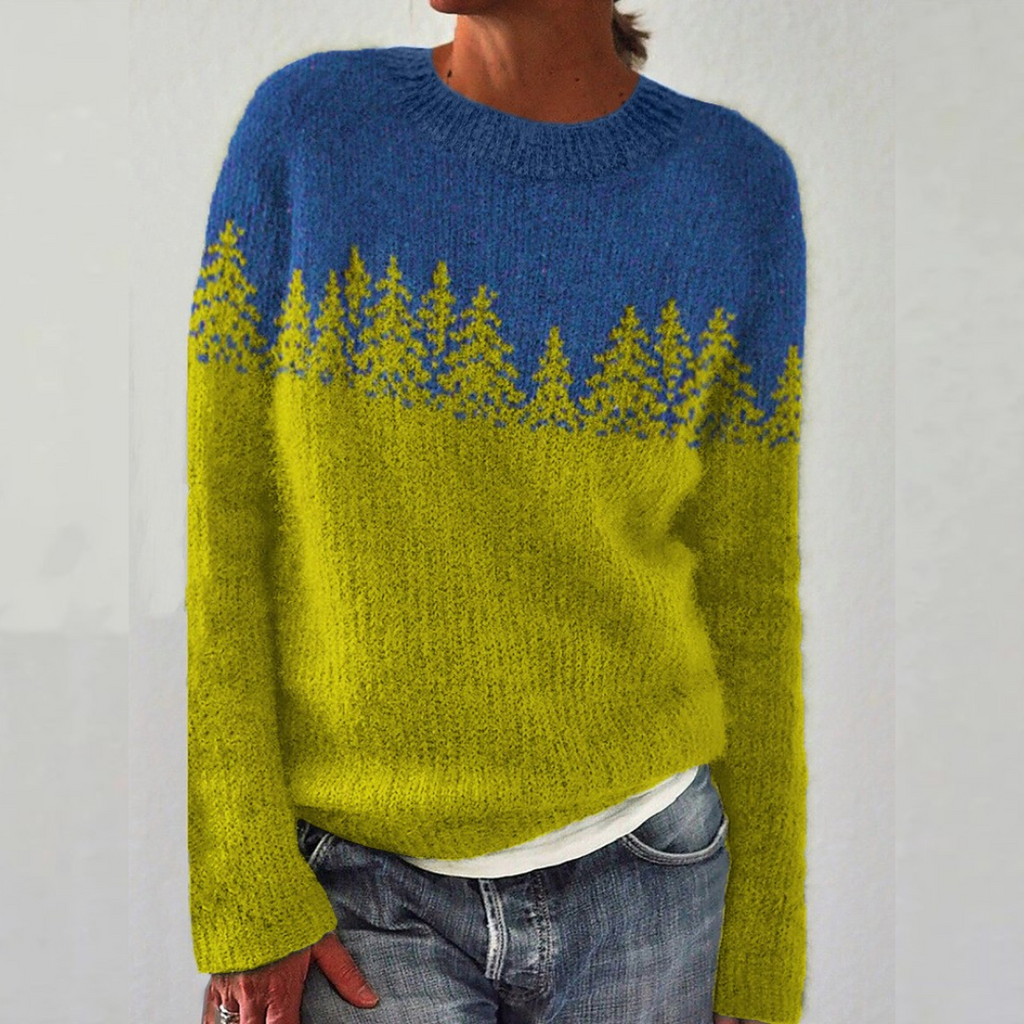 Angéline - Pull vintage à sapins, bleu et jaune citron