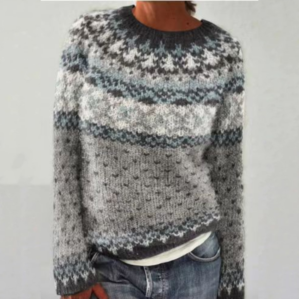 Viviane - Pull d'esprit vintage gris à empiècement jacquard blanc