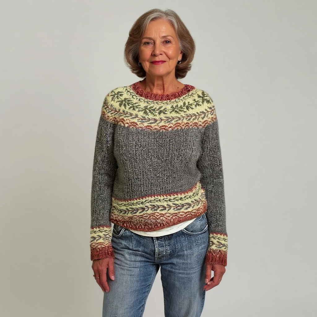 Donatienne - Pull vintage gris à bandes jacquard jaunes et rouges