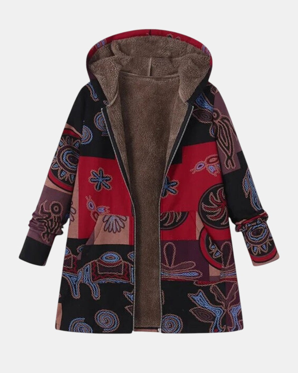 Marina – Manteau à capuche Boho patchwork à motif abstrait