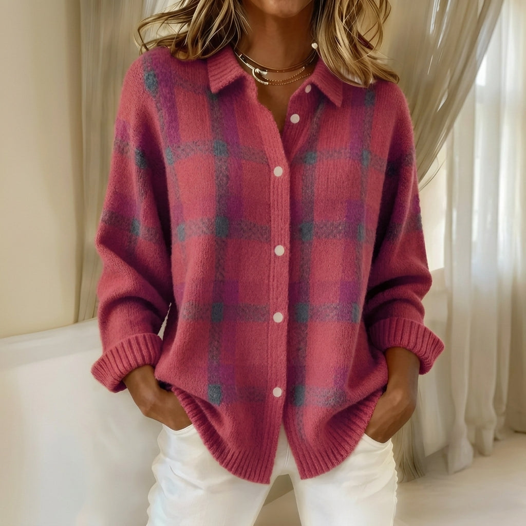 Rosalie - Cardigan rose à carreaux, avec col