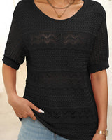 Pull À Manches Courtes En Maille Crochetée Ajourée Et Col Rond Pour Femmes