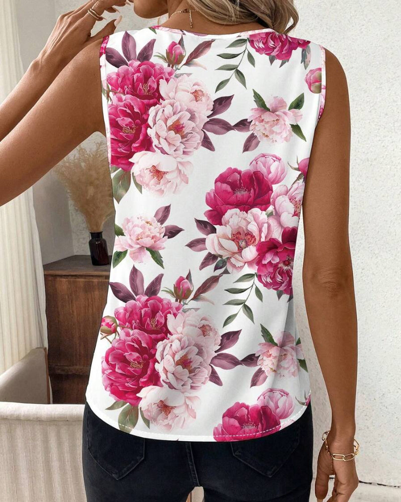Une Blouse Sleeveless au Col V avec Impression de Roses
