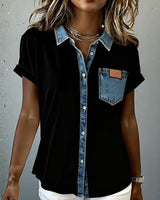 T-Shirt Denim Patchwork Col Retourné