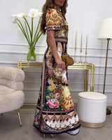 Robe longue à manches courtes et revers imprimé rétro