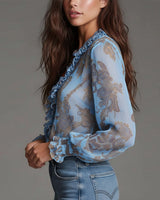 Blouse Demi-Zip Volant Rétro