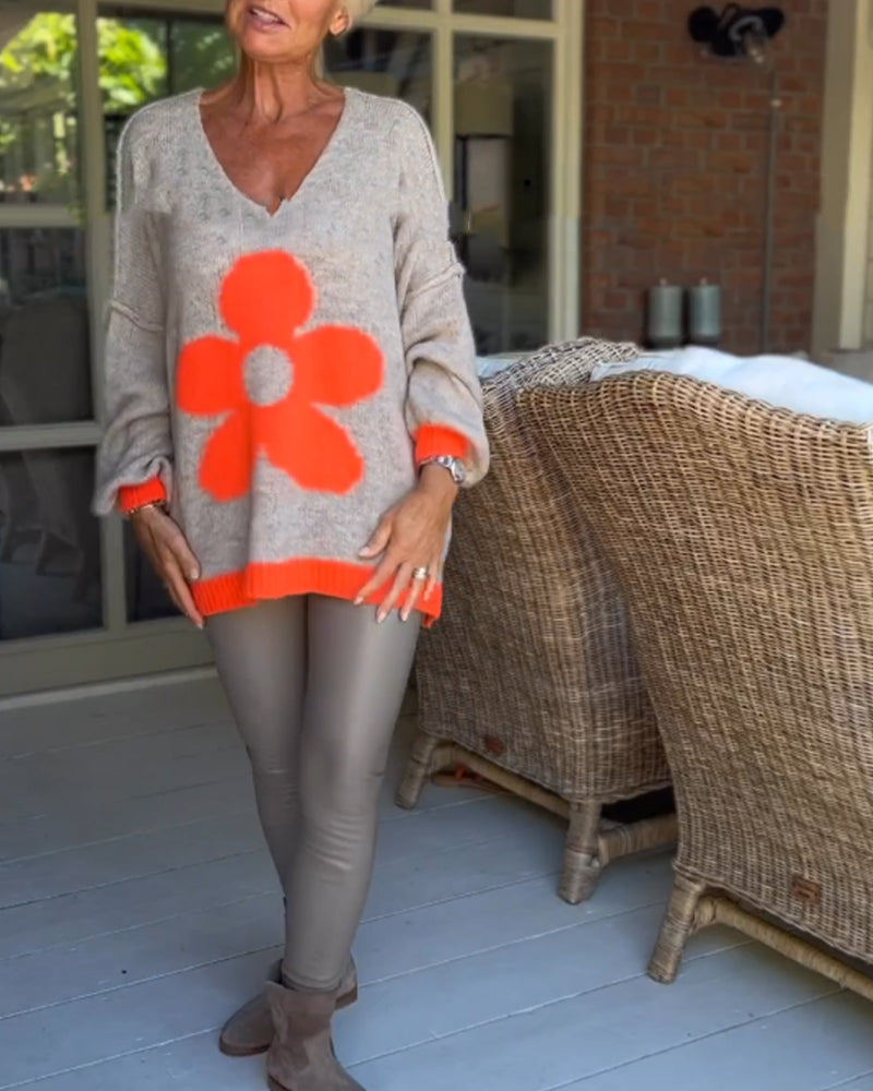 Pull col V à motif fleuri
