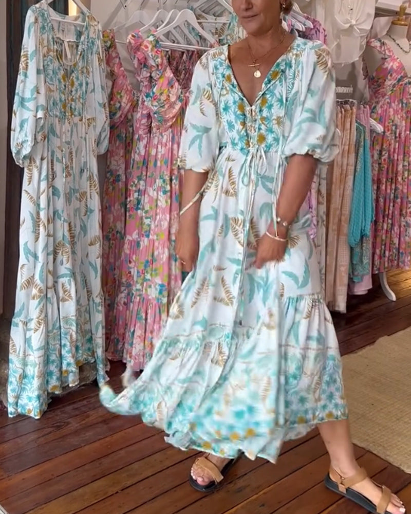 Robe longue femme col V imprimé feuilles