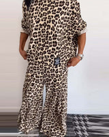 Ensemble décontracté à imprimé léopard avec haut ras du cou et poche, pantalon à jambe large