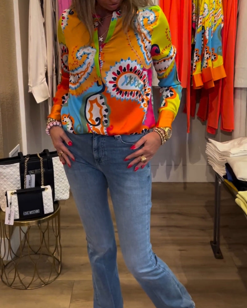 Blouse manches longues col V imprimé coloré