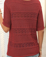 Pull À Manches Courtes En Maille Crochetée Ajourée Et Col Rond Pour Femmes