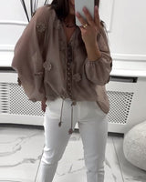 Blouse Unie Fleurs 3D À Lacets