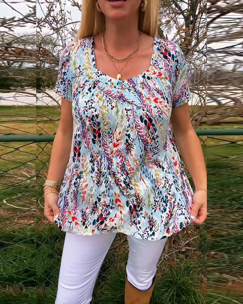T-Shirt Col U Manches Courtes Imprimé