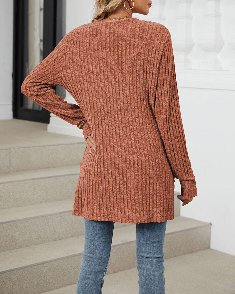 Cardigan décontracté à manches longues et poches de couleur unie