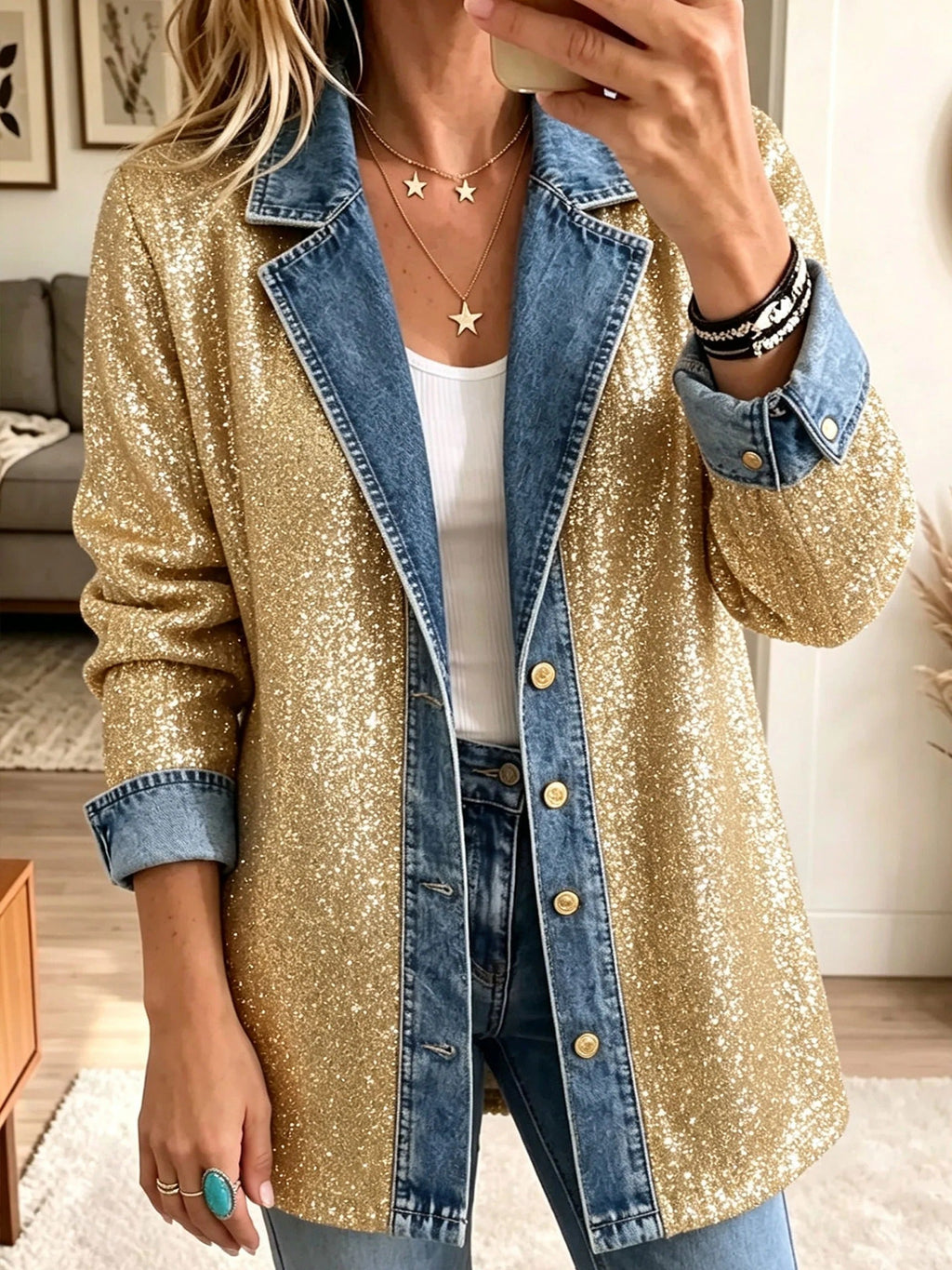 Addison – Veste en jean à patchwork doré scintillant