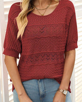 Pull À Manches Courtes En Maille Crochetée Ajourée Et Col Rond Pour Femmes
