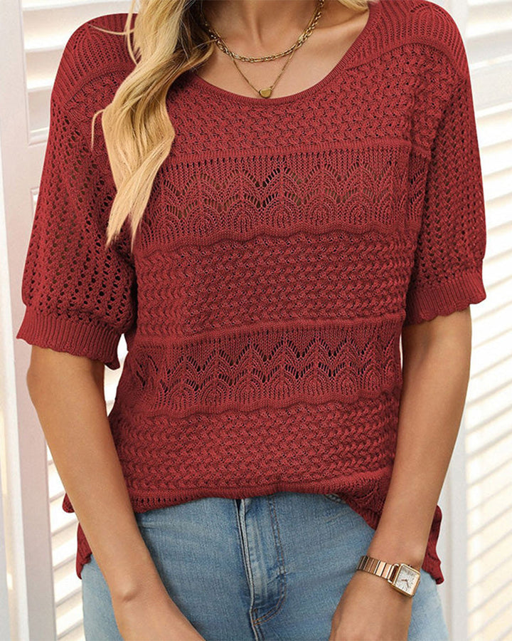 Pull À Manches Courtes En Maille Crochetée Ajourée Et Col Rond Pour Femmes