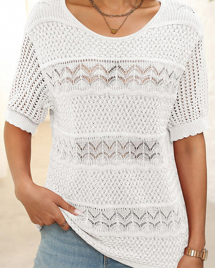 Pull À Manches Courtes En Maille Crochetée Ajourée Et Col Rond Pour Femmes