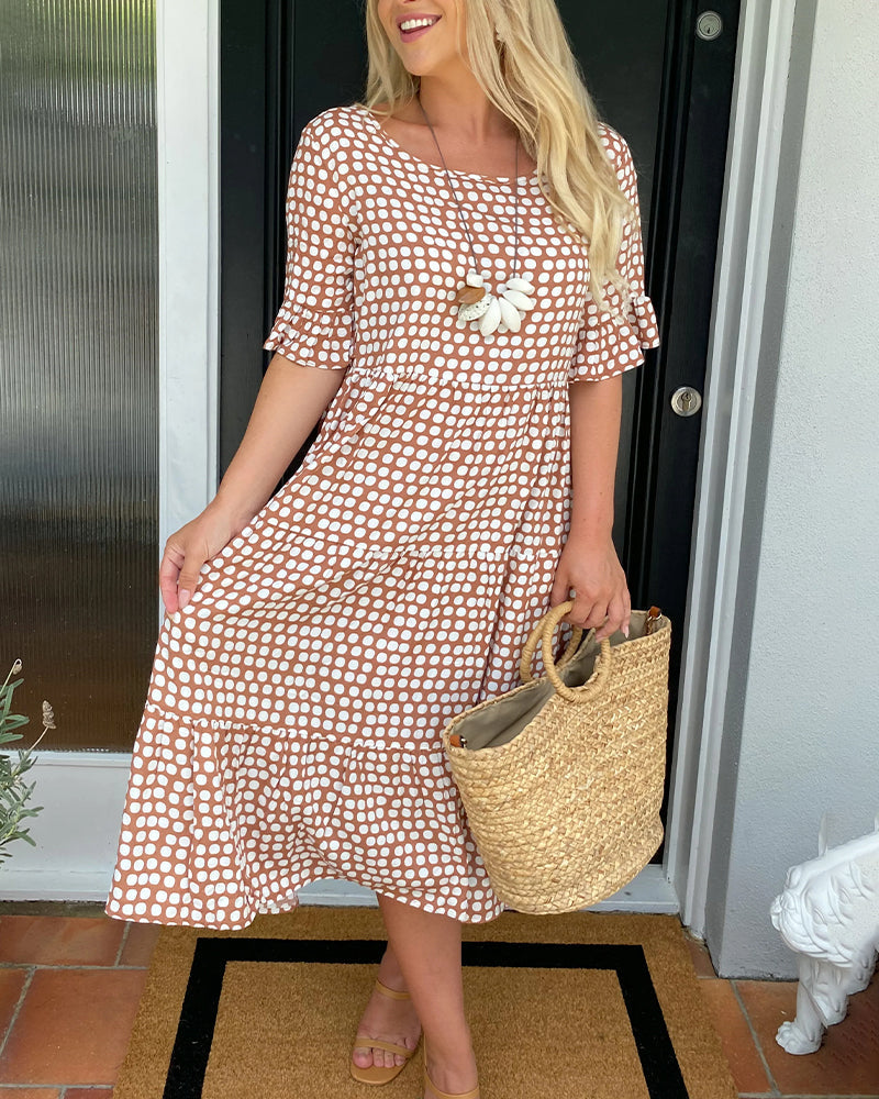 Robe midi col rond imprimé à pois