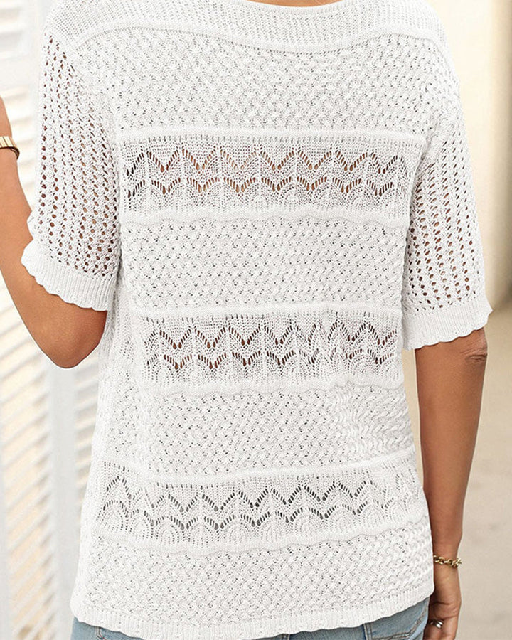 Pull À Manches Courtes En Maille Crochetée Ajourée Et Col Rond Pour Femmes