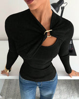 T-Shirt Femme Manche Longue Côtes Tricot Tournant Devant