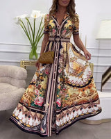 Robe longue à manches courtes et revers imprimé rétro