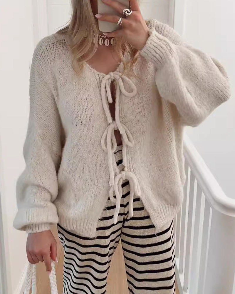 Cardigan à lacets de couleur unie de style paresseux