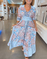 Robe de vacances à col en V et manches 3/4