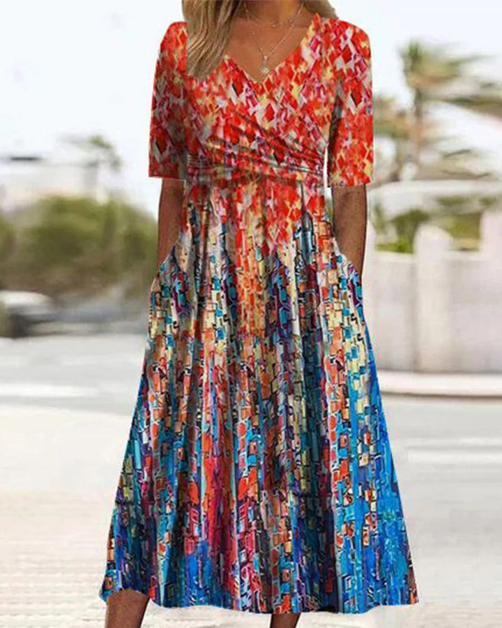 Robe de villégiature imprimée avec poches et col en V