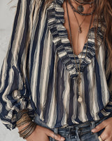 Blouse Profond Col V Rayures Verticales Loose