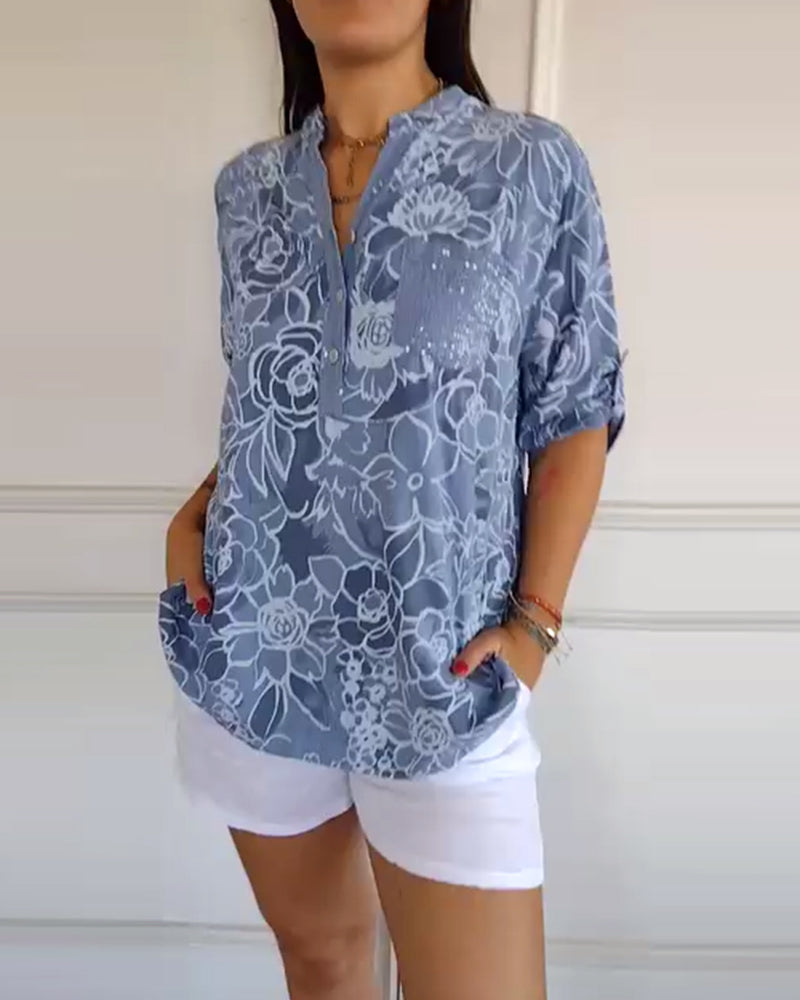 Blouse Col V Boutonnée Imprimée