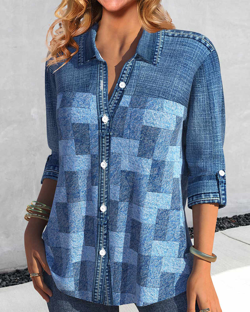 Blouse à manches longues imprimée effet denim