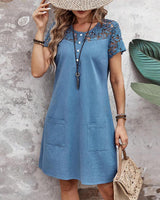 Robe de poche de couleur unie avec manches courtes en dentelle creuse