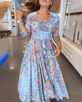 Robe de vacances à col en V et manches 3/4