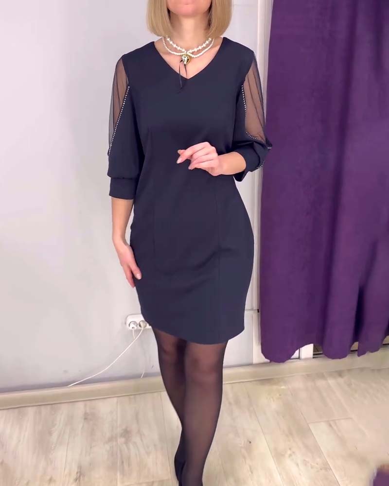 Robe Manches Mi-longues Col V Strass Couture