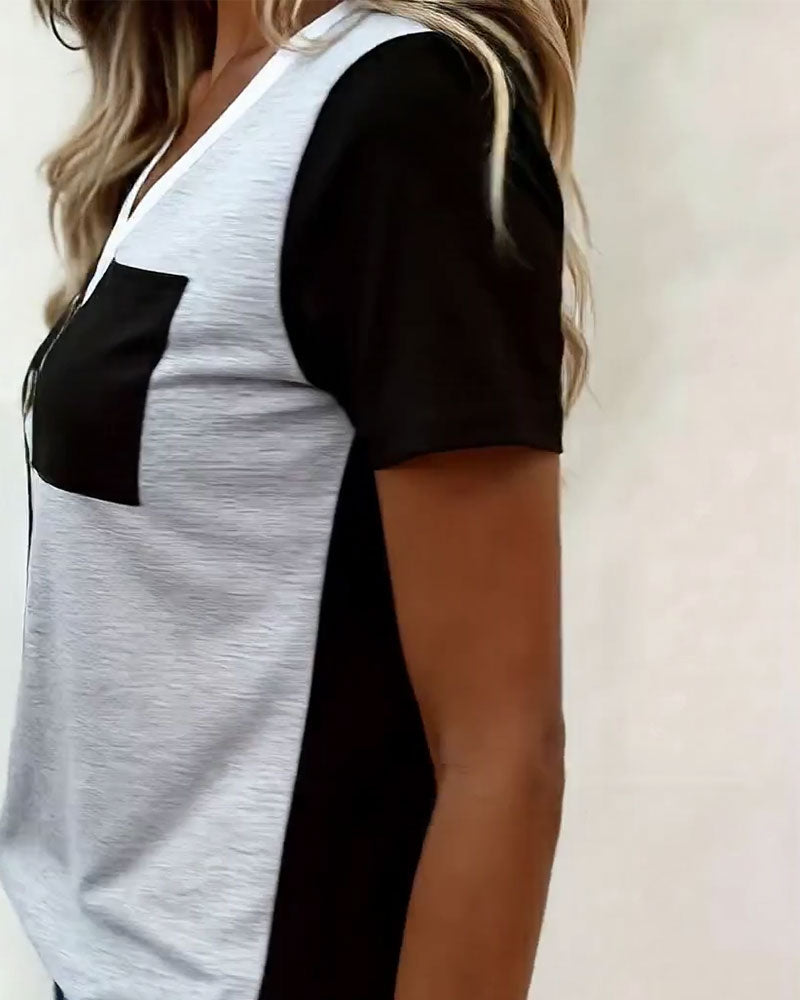 T-Shirt Col V Contraste Poche