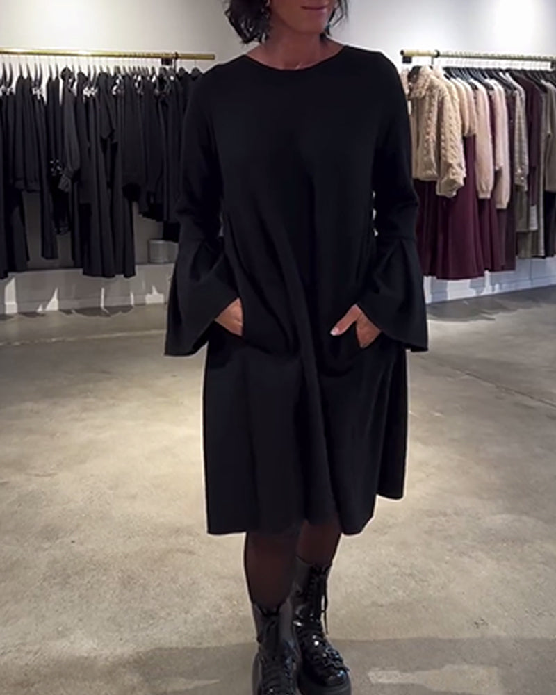 Robe Uni Manche Évasée Froncé