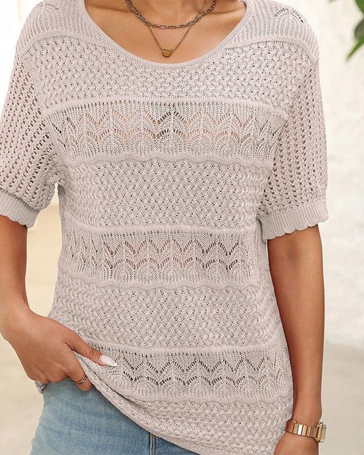 Pull À Manches Courtes En Maille Crochetée Ajourée Et Col Rond Pour Femmes