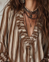 Blouse Profond Col V Rayures Verticales Loose