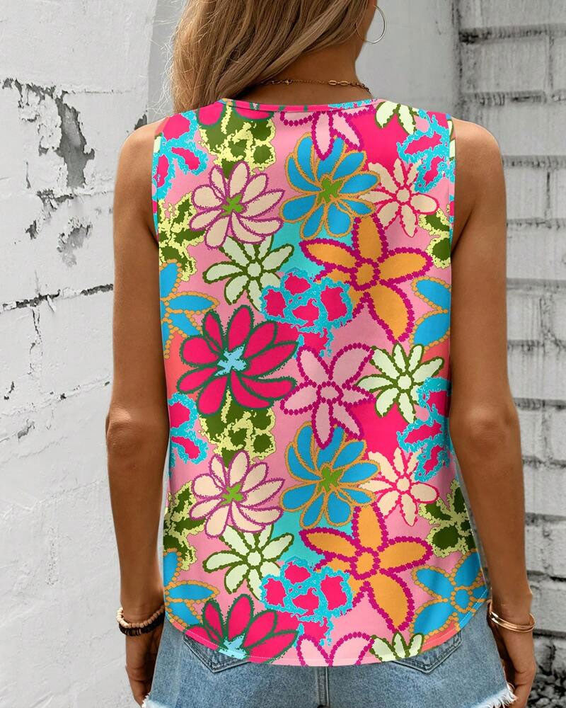 Gilet Col V Imprimé Fleuri Sans Manches