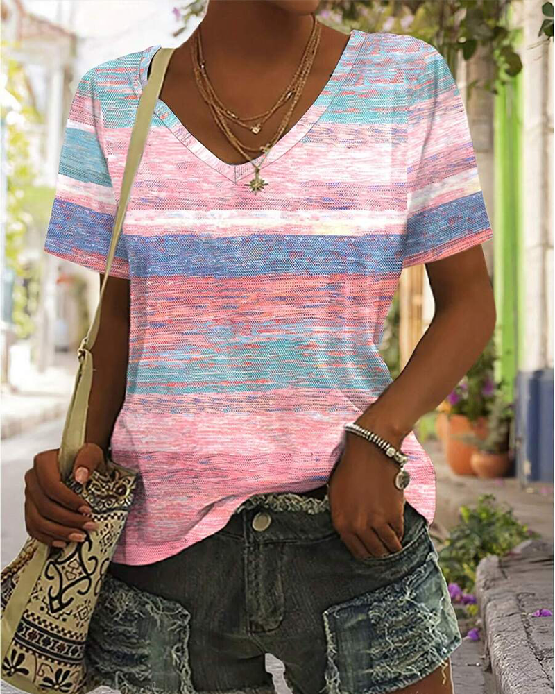 T-Shirt Col En V Rayé Multicolore Polyvalent