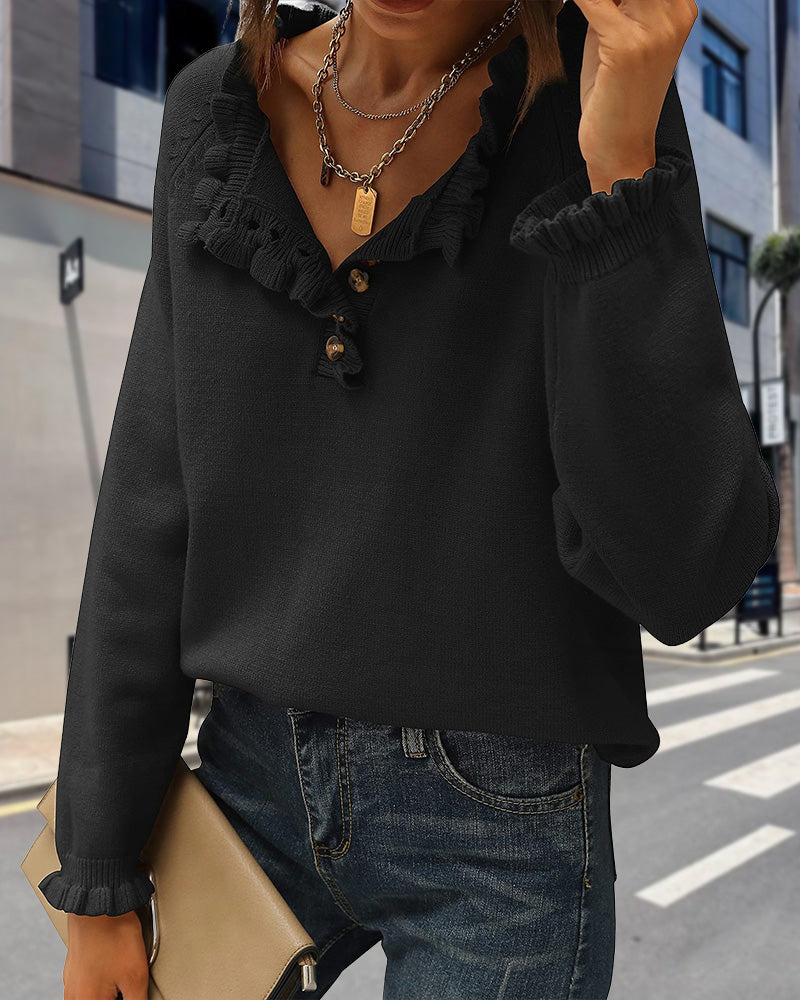 Pull décontracté de couleur unie avec bouton à revers et volants