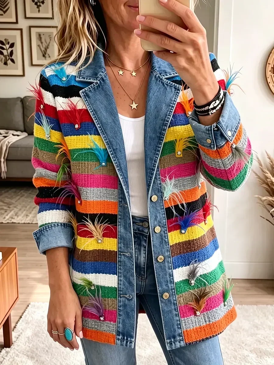 Caroline – Veste en jean vintage à imprimé plumes