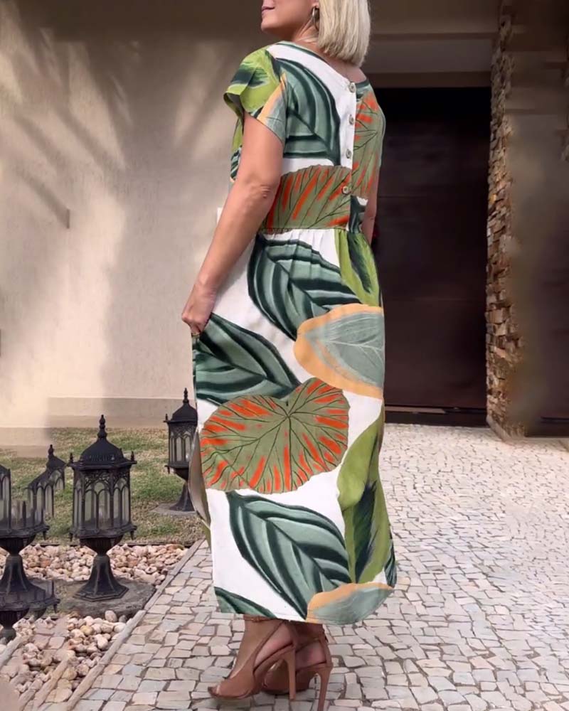 Robe fendue à manches courtes et imprimé feuilles