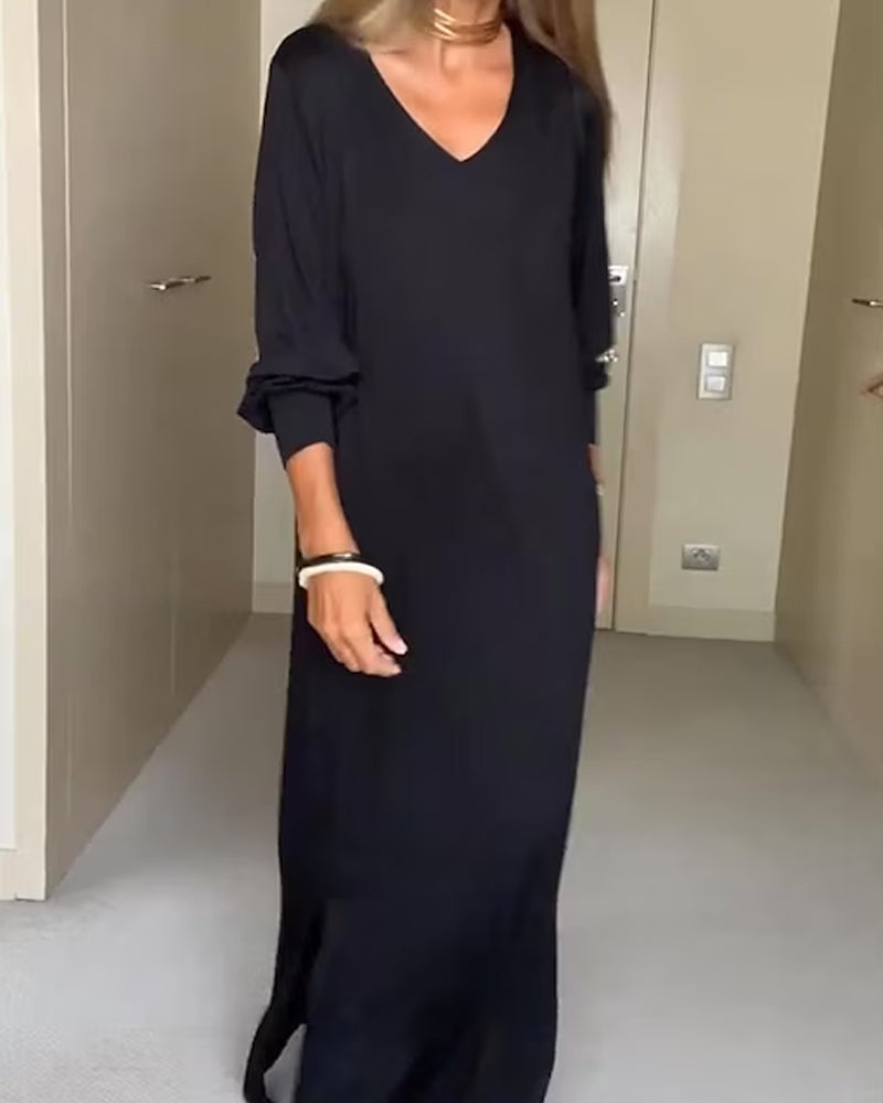 Robe décontractée à col en V de couleur unie