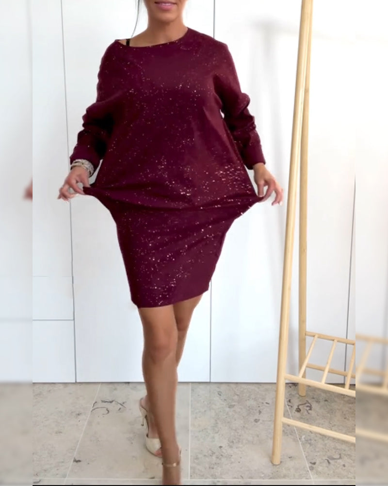 Robe Col Rond Paillettes Fines À La Mode