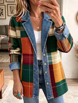 Claire – Veste en jean rétro à imprimé artistique à carreaux