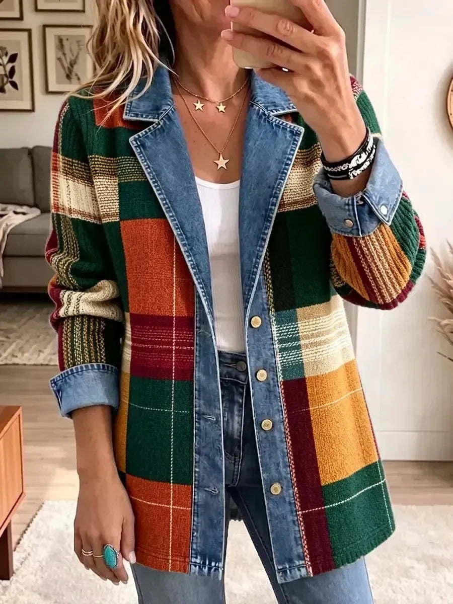 Claire – Veste en jean rétro à imprimé artistique à carreaux